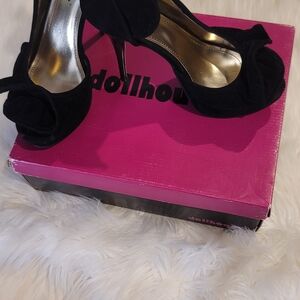 Dollhouse Black Suede Bow Peep-Toe Stiletto Heels